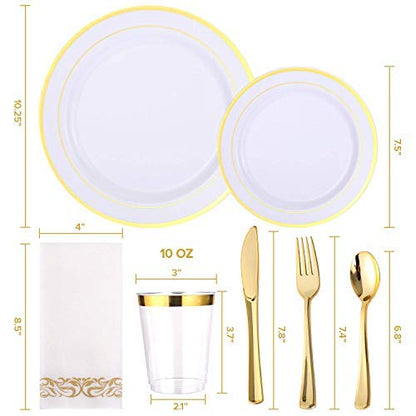  700 Piece Gold Dinnerware Set-200 Plastic Plates- 300 Gold Plastic Silverware-100 Gold Plastic Cups-100 Disposable Hand Towel- Disposable Gold Dinnerware Set For Halloween, Christmas, Thanksgiving