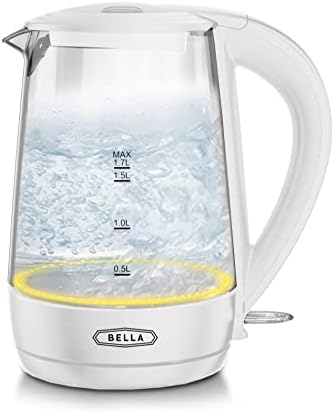 Bella 1.7 Liter Glass Electric Kettle, Quickly Boil 7 Cups Of Water In 6-7 Minutes, Soft Orange LED Lights Illuminate While Boiling, Cordless Portable Water Heater, Carefree Auto Shut-Off, White