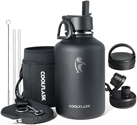  64 Oz Insulated Water Bottle With Strap & Sleeve, Half Gallon Water Jug 3 Lids Stainless Steel Multifunctional Flask BPA-Free, Keep 48H Cold 24H Hot, Compact Yoga/Gym Bottle, Black