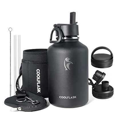  64 Oz Insulated Water Bottle With Strap & Sleeve, Half Gallon Water Jug 3 Lids Stainless Steel Multifunctional Flask BPA-Free, Keep 48H Cold 24H Hot, Compact Yoga/Gym Bottle, Black
