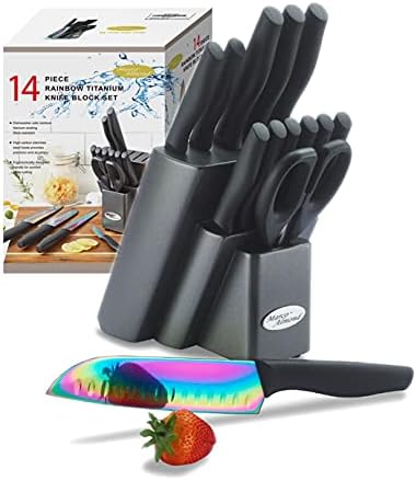  DISHWASHER SAFE Kitchen Knife Set, Marco Almond® KYA37 12-Piece Rainbow Titanium Stainless Steel Boxed Knives Set For Kitchen With Sheath, 6 Knives With 6 Blade Guards, Teal