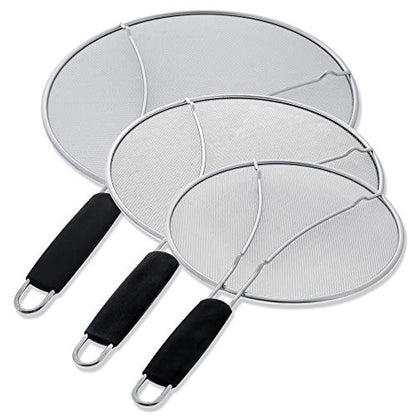  13", 11.5", 9.5" Stainless Steel Fine Mesh Splatter Screen With Resting Feet Set, Black Handles