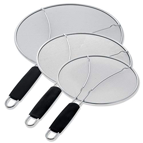 13", 11.5", 9.5" Stainless Steel Fine Mesh Splatter Screen With Resting Feet Set, Black Handles
