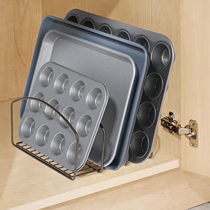  MDesign Steel Cookware Holder, Storage Organizer Rack With Three Slots For Kitchen Cabinet, Pantry, Holds Pans, Pots, Lids, Cookie Sheets, Cutting Boards - Concerto Collection - Bronze
