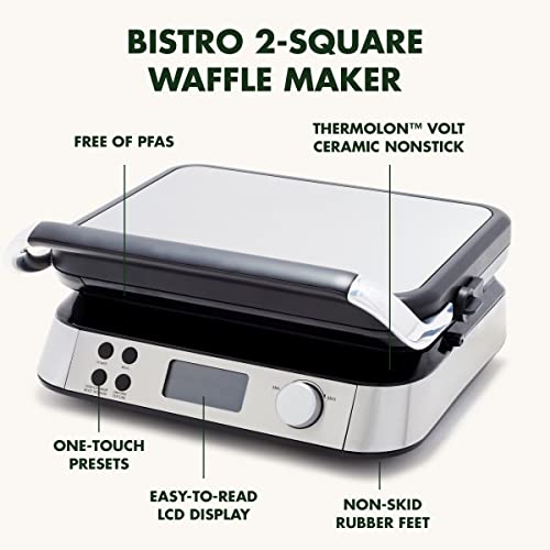 Greenpan Stainless Steel 2-Slice Belgian Waffle Maker Iron, Healthy Ceramic Nonstick Plates, Adjustable Settings And Presets, Easy-to-use LED Display
