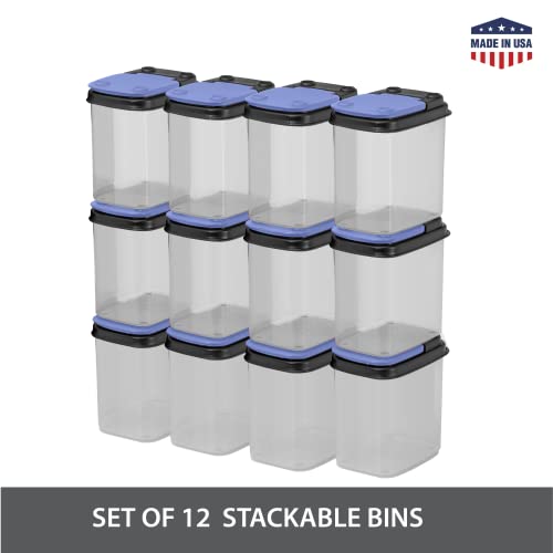  Bits & Bolts Stackable Plastic Storage Bins – Flip Top Organizer | Great For Food Storage, Pantry, Crafts, Toys, Small Hardware & More | Storage Containers With Blue Lids, 12 Pack