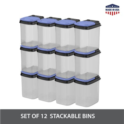  Bits & Bolts Stackable Plastic Storage Bins – Flip Top Organizer | Great For Food Storage, Pantry, Crafts, Toys, Small Hardware & More | Storage Containers With Blue Lids, 12 Pack
