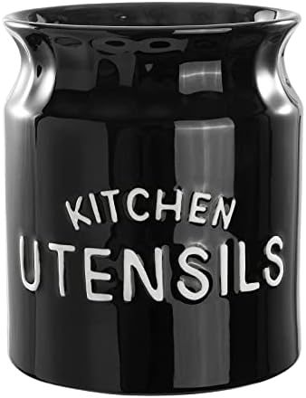  Karisky Utensil Holder, 6.5" Large Kitchen Utensil Holder For Kitchen Counter, Ceramic Cooking Utensil Crock, Decorative Utensil Caddy Organizer For Modern Farmhouse Kitchen Decor, Black