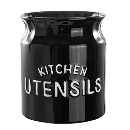  Karisky Utensil Holder, 6.5" Large Kitchen Utensil Holder For Kitchen Counter, Ceramic Cooking Utensil Crock, Decorative Utensil Caddy Organizer For Modern Farmhouse Kitchen Decor, Black