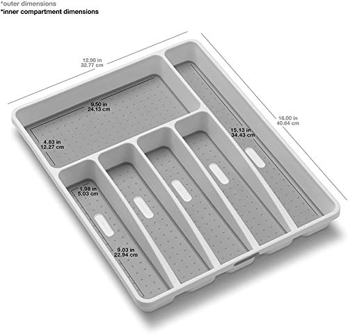  Classic Large Silverware Tray - White |CLASSIC COLLECTION | 6-Compartments| Kitchen Drawer Organizer | Soft-Grip Lining And Non-Slip Rubber Feet | BPA-Free