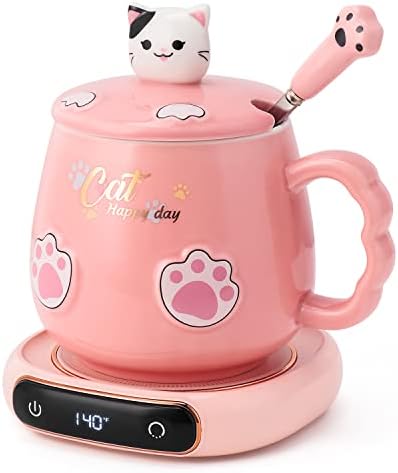  Coffee Mug Warmer & Cute Cat Mug Set, Beverage Cup Warmer For Desk Home Office With Three Temperature Up To 140℉/ 60℃, Coffee Warmer For Cocoa Milk Tea Water Candle, 8 Hours Auto Shut Off