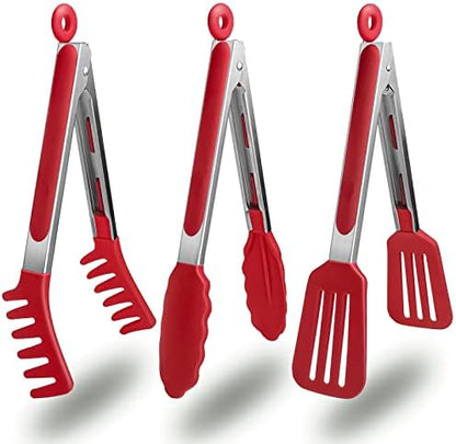  3 Pack Kitchen Tongs (9 Inches), Non Stick Stainless Steel Tongs With Silicone Tip For Cooking BBQ Baking(Red)