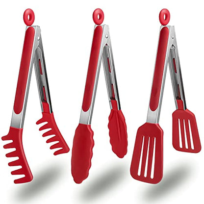  3 Pack Kitchen Tongs (9 Inches), Non Stick Stainless Steel Tongs With Silicone Tip For Cooking BBQ Baking(Red)