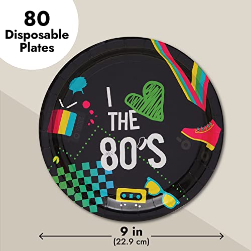  80-Pack Retro 80s Party Plates For I Love The 1980s Birthday Supplies (Black, 9 In)