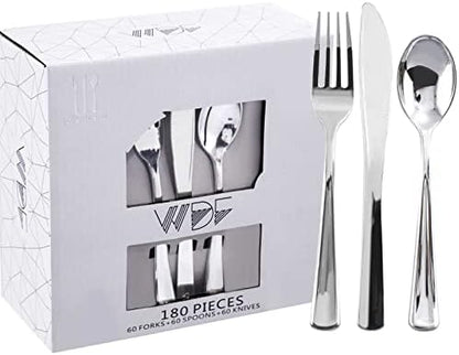  180 Pieces Disposable Plastic Gold Silverware Cutlery - Plastic Flatware Set 60 Forks, 60 Knives And 60 Spoons - Heavy Duty Gold Plastic Cutlery - Gold Utensils For Party, Wedding,Birthday