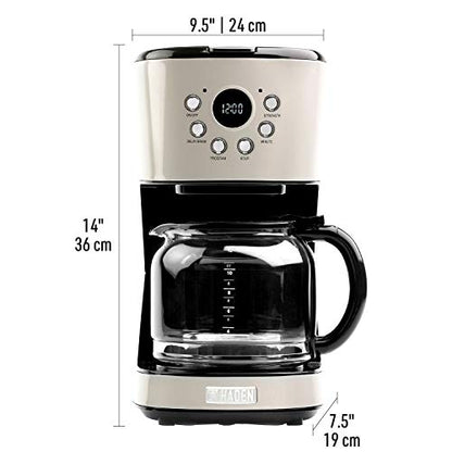  Retro Style 12 Cup Programmable Home Coffee Maker Machine With Carafe And Wide Slot Stainless Steel Retro 2-Slice Toaster, Putty Beige