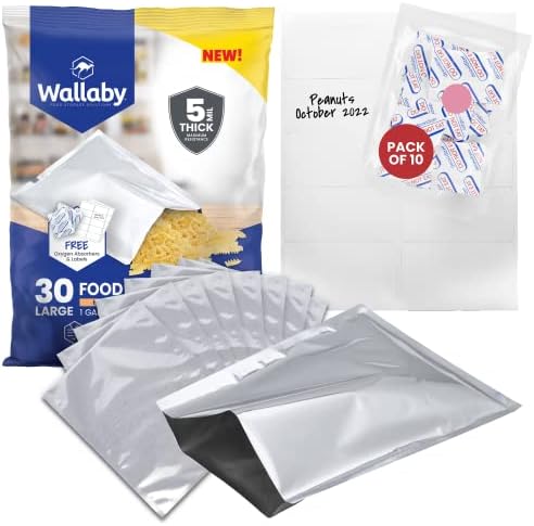  75x Wallaby 1-Gallon Mylar Bag Bundle - (5 Mil - 10" X 14") Mylar Bags, 80x 400cc Oxygen Absorbers, 80x Labels - Heat Sealable, Food Safe, & Reliable Long Term-Food Storage Solutions - Silver