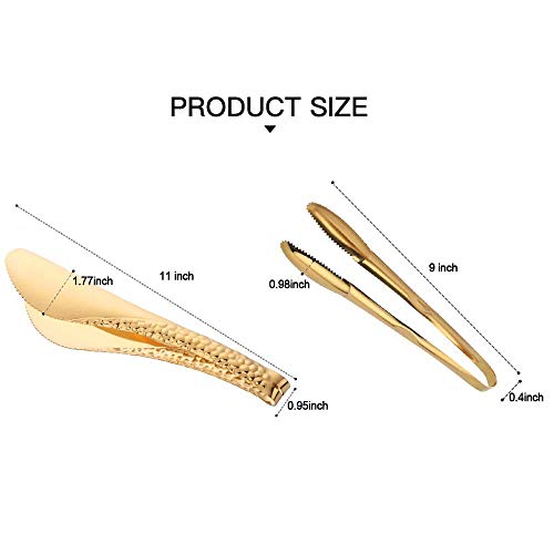  2-Pack 9 Inch Stainless Steel Gold Salad Tongs, Non-slip & Easy Grip Smart Locking Clip Handy Utensil For Cooking, Serving, Barbecue, Buffet, Salad, Ice, Oven