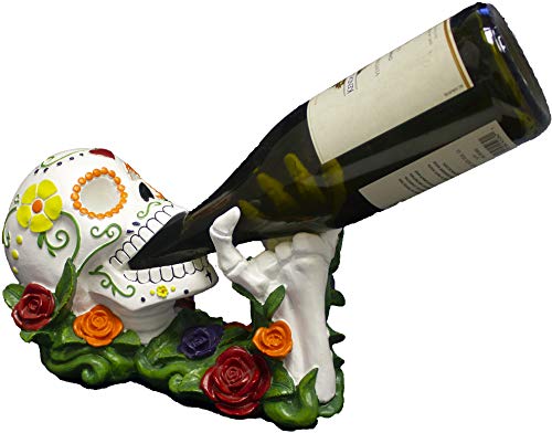  Orld Of Wonders Sugar Skull Day Of The Dead Decorative Wine Bottle Holder | Dia De Los Muertos Decorations And Tabletop Halloween Decorations | Skull Decor For Home - 11"