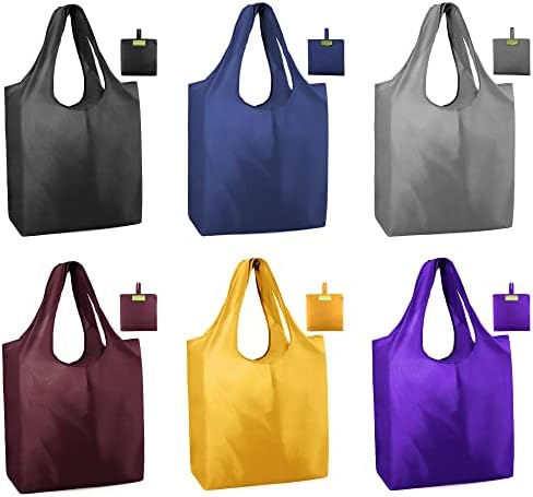  BeeGreen Shopping Bags Reusable Grocery Tote Bags 6 Pack XLarge 50LBS Ripstop Geometric Fashion Recycling Bags With Pouch Bulk Machine Washable Nylon Bags Black Gray Blue Navy Teal Christmas