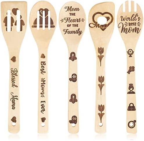  5Pcs Mothers Day Wooden Spoons Utensils Set, Non-Stick Cooking Utensils Carve Burned Bamboo Spoons Spatula Kitchen Cookware Gadget Decor Kit Mothers Day Mom Birthday Fun Gift Idea