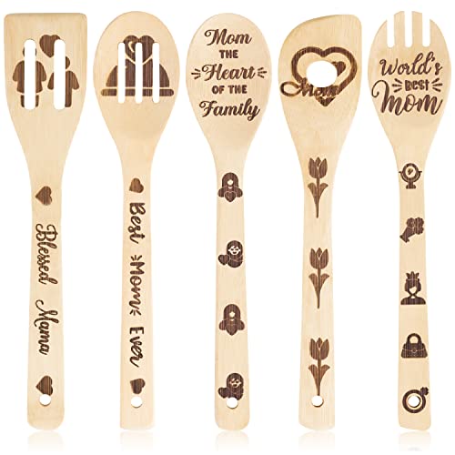  5Pcs Mothers Day Wooden Spoons Utensils Set, Non-Stick Cooking Utensils Carve Burned Bamboo Spoons Spatula Kitchen Cookware Gadget Decor Kit Mothers Day Mom Birthday Fun Gift Idea
