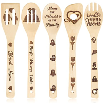 5Pcs Mothers Day Wooden Spoons Utensils Set, Non-Stick Cooking Utensils Carve Burned Bamboo Spoons Spatula Kitchen Cookware Gadget Decor Kit Mothers Day Mom Birthday Fun Gift Idea