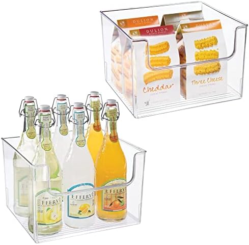  Modern Wide Plastic Open Front Dip Storage Organizer Bin Basket For Kitchen Organization - Shelf, Cupboard, Cabinet, And Pantry Organizing Decor - Ligne Collection - 2 Pack - Clear