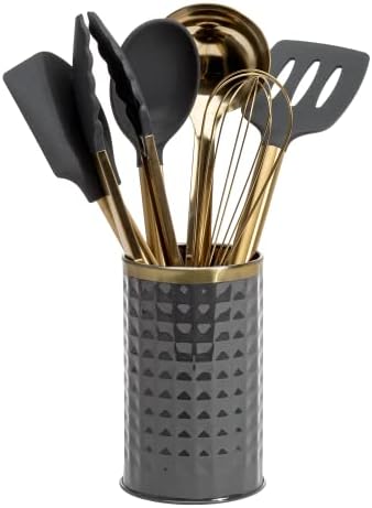  Paris Hilton Kitchen Set Tool Crock With Silicone Cooking Utensils, Stainless Steel Whisk And Ladle, 7-Piece, Gold, Charcoal Gray