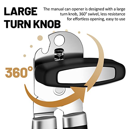  Can Opener Manual, Tymoosty Can Opener Strong Heavy Duty, Smooth Edge Cut, Oversized Knob, Soft Grip Handle, Built-in Bottle Opener, Black