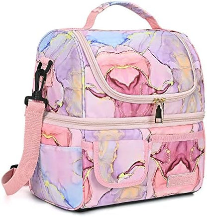  Lunch Bag Women Double Deck Insulated Lunch Box Large Cooler Tote Bag With Removable Shoulder Strap Wide Open Thermal Meal Prep Lunch Organizer Box For Adults Work/Outdoor, Black Peony