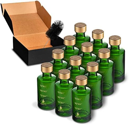  (12-pack) 2.4oz / 70mL Glass Small Sample Bottles Clear Color With Capacity Markings, Lids, And Brush | 2 Oz+ Leak Proof & Perfect For Whiskey, Oils, Travel, Juice, & More