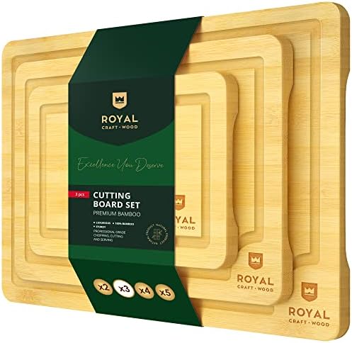  Ooden Cutting Boards For Kitchen Meal Prep & Serving - Bamboo Wood Cutting Board Set With Deep Juice Groove Side Handles - Charcuterie & Chopping Butcher Block For Meat - Kitchen Gadgets Gift (3 Pcs)