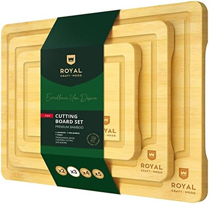  Ooden Cutting Boards For Kitchen Meal Prep & Serving - Bamboo Wood Cutting Board Set With Deep Juice Groove Side Handles - Charcuterie & Chopping Butcher Block For Meat - Kitchen Gadgets Gift (3 Pcs)