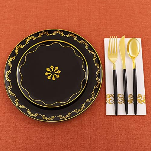  175PCS Rose Gold Plastic Plates - Baroque Rose Gold Disposable Plates Including 50 Rose Gold Party Plates, 25 Pack Rose Gold Pre Rolled Napkins And 25 Cups For Wedding & Party