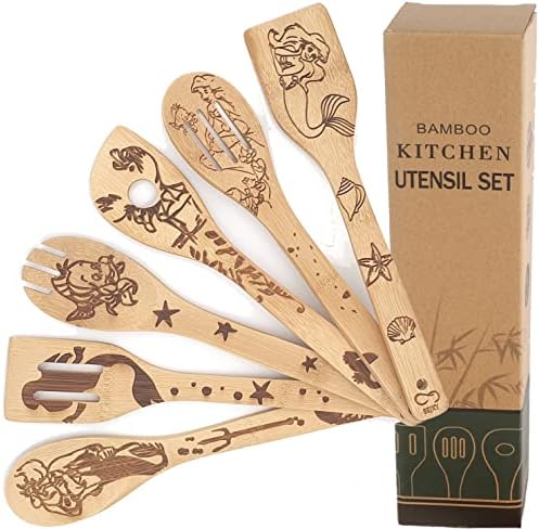 GENERIC Bejky 6-Pcs Wooden Bamboo Spoons Set - Organic Food Cooking Utensils Kitchen Accessories & Home Decor Cookware Gifts For Women Easy Wash Spatulas 3D Engraved Patterns (Magical Wizard Style), 12-''