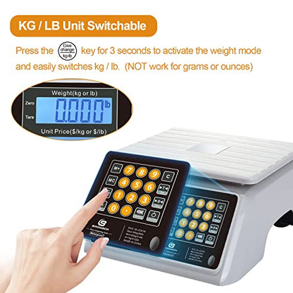  Food Scale, Price Computing Scale, IPX7 Waterproof, 66lbs Capacity, White Backlight LCD, Rechargeable Commercial Meat Produce Weight Scale For Farmers Market And Seafood