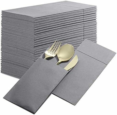  Disposable Linen-Feel Dinner Napkins With Built-in Flatware Pocket, 50-Pack BLACK Prefolded Cloth Like Paper Napkins For Dinner, Wedding Or Party