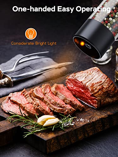  [Upgraded Larger Capacity] Electric Salt And Pepper Grinder Set - USB Rechargeable One Hand Operation Automatic Pepper Grinder And Salt Grinder With Adjustable Coarseness & LED Light Refillable