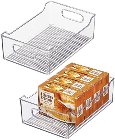 Slim Stackable Plastic Storage Organization Bin With Handles For Kitchen Cabinet, Pantry, Shelf, Refrigerator, Home Organizer For Fruit, Potatoes, Onions, Drinks, Snacks, Pasta, 2 Pack, Clear