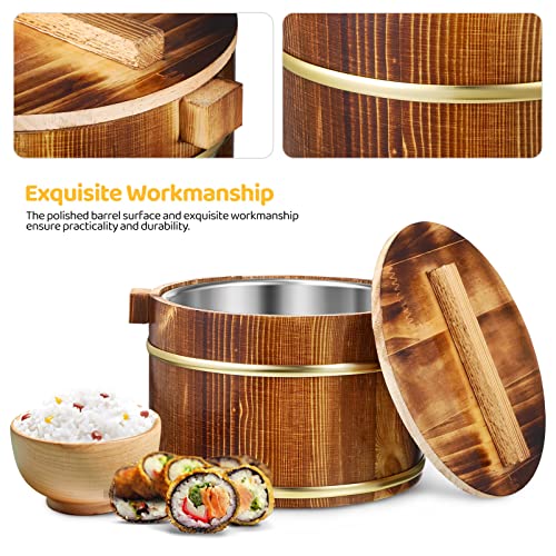  Wooden Rice Barrel Sushi Rice Bowl Tub Steamer Stainless Steel Liner Rice Bucket, Wood Cooking Steamer With Lid And Spoon, 20cm