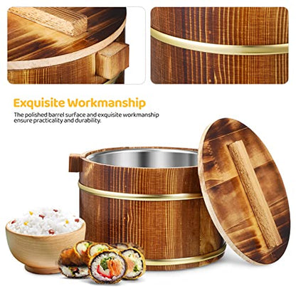  Wooden Rice Barrel Sushi Rice Bowl Tub Steamer Stainless Steel Liner Rice Bucket, Wood Cooking Steamer With Lid And Spoon, 20cm