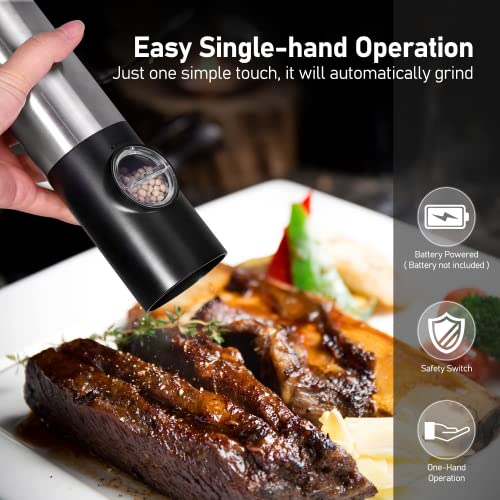  Lectric Salt And Pepper Grinder Set, EAGMAK Battery Powered Automatic 70ml Pepper Mill Grinders, Stainless Steel Electronic Mill Shakers With Adjustable Coarseness, LED Light & Storage Base (2 Pack)