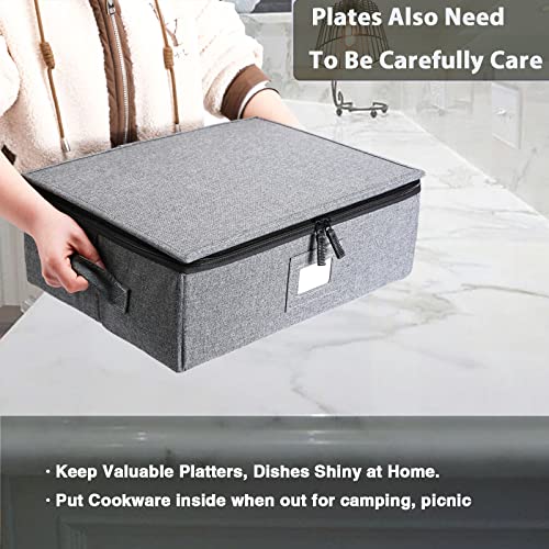  TEYIKA 2 Pcs China Storage Containers, Platter Storage Case Containers, 5.5'' Tall With Hard Shell, Structured Top, Bottom And Sides, 8 Felt Dividers Included(17'' X 13'' X 5.5''), Grey 2 Pack