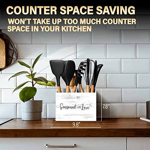  Cooking Utensil Holder, Cute Kitchen Counter Organizer, Utensil Caddy, Lovely Farmhouse Kitchen Decor (White)