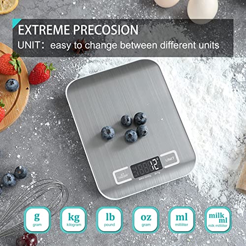  Gital Kitchen Scale,Food Scale For Meat Baking Weight,Unit Gram OZ Lb Up 11 Lb(1g-5KG),Silver Stainless Steel Anti-Fingerprint With Accuracy LCD Display For Cooking Black(Include AAA Battery)