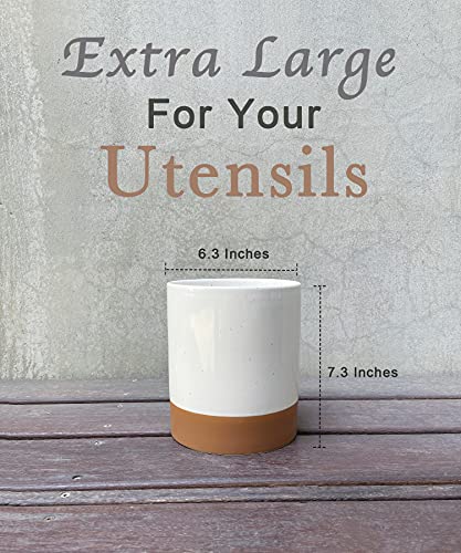  Ora Ceramic Kitchen Utensil Holder - Wooden Spoon & Spatula Crock For Countertop, Modern Farmhouse Home Decor, Extra Large 7.3" Cooking Organizer For Stove Top And Counter - Heavy & Sturdy - Vanilla