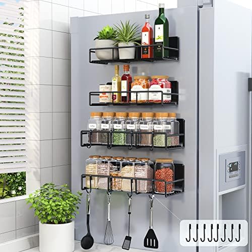  Lunememo Magnetic Spice Rack For Refrigerator, 4 Pack Magnetic Fridge Shelf With 8 Hooks, Strong Magnet & No Drilling, Black