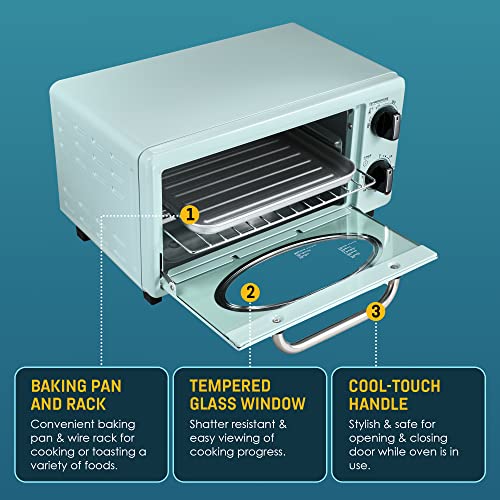  By Maximatic Americana Collection ETO147M Diner 50’s Retro Countertop Toaster Oven, Bake, Toast, Fits 8” Pizza, Temperature Control & Adjustable 60-Minute Timer 1000W, 2 Slice, Mint
