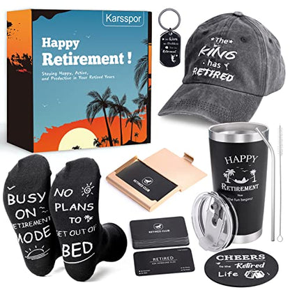  7 PCS Retirement Gifts For Men, Retirement Gift With Insulated Tumbler, Baseball Cap, Socks, Funny Business Cards, Leather Coaster, Key Chain, Great Retirement Gift For Retirees